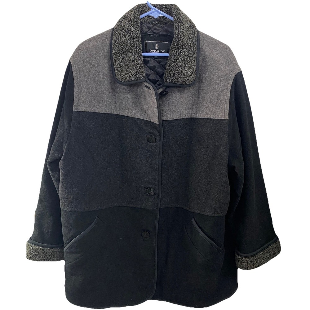 London Fog Women's 80% Wool Coat Button Up Black & Gray Lined PeaCoat Sz. 18